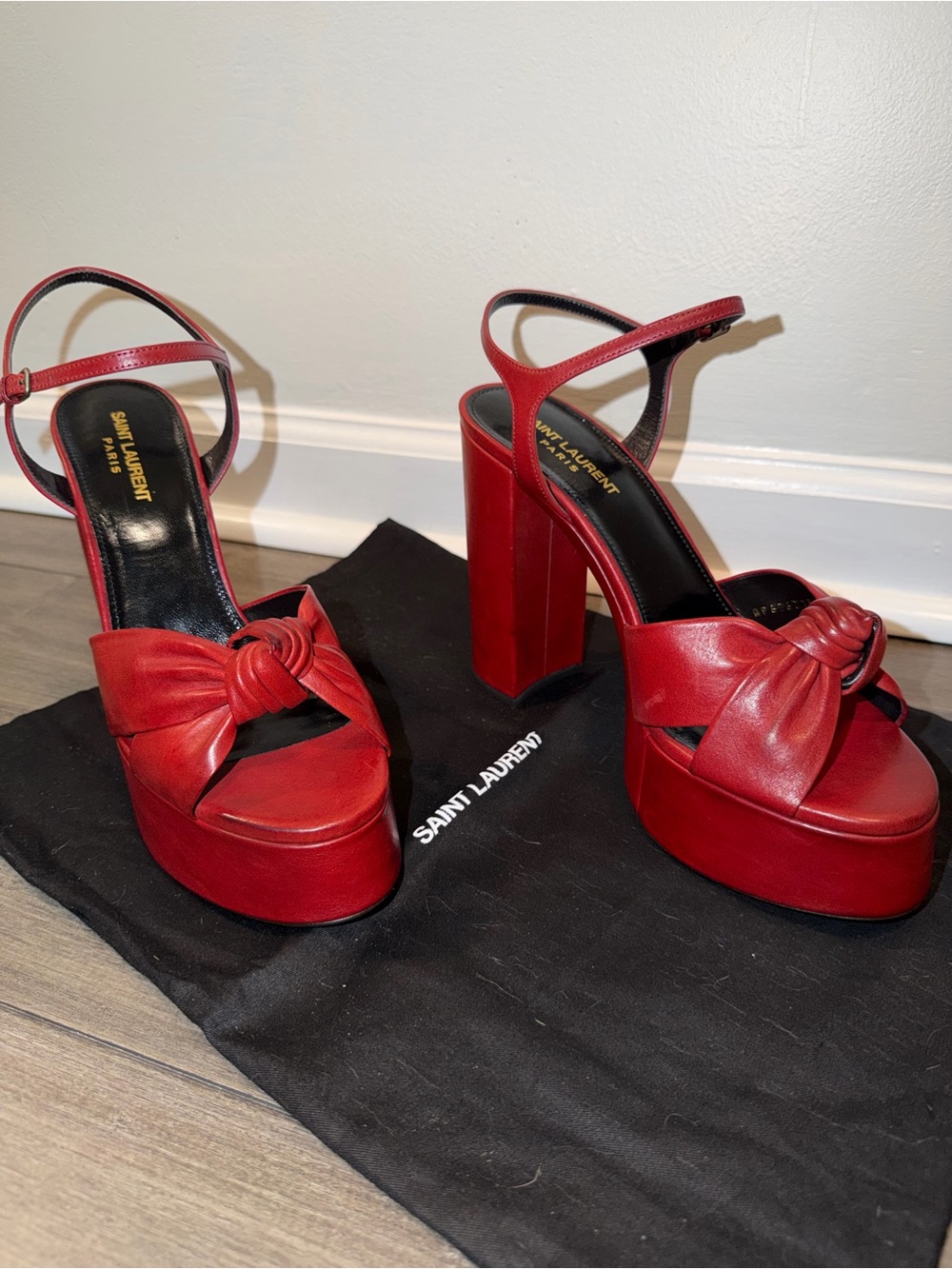 Saint Laurent Red Leather Bianca Knotted Platform Sandals - NWT